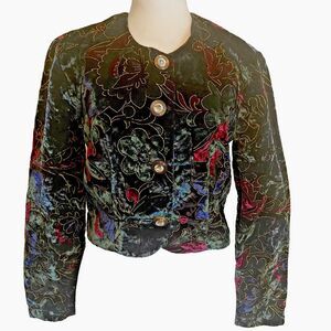 Vtg 80s-90s Rampage Cropped Button Up Jacket Blue & Purple Velvet Floral Sz. M